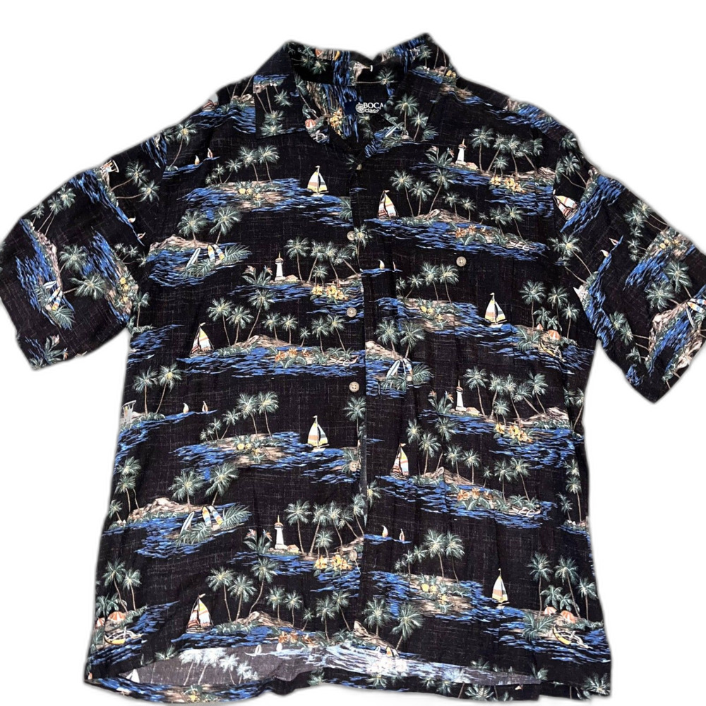 BOCA Classics Sailboat Hawaiian Novelty Print Beach Boat Button Up Shirt Men's L